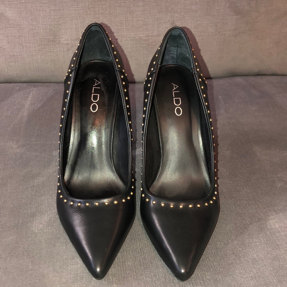 Aldo Black Leather Heels w/ Gold Studs - Picture 2 of 6